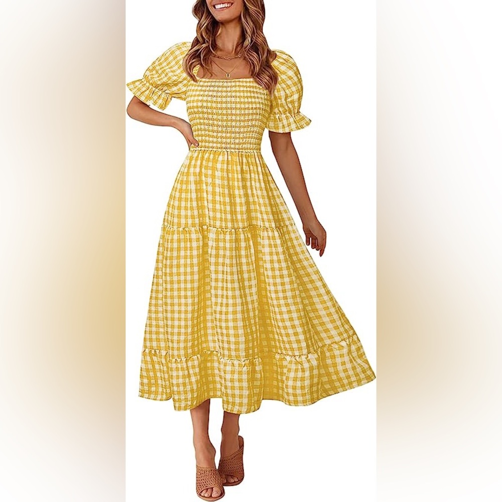 MEROKEETY Women's Plaid Square Neck Ruffle Puff Sleeve Midi Dress Summer Boho Ba